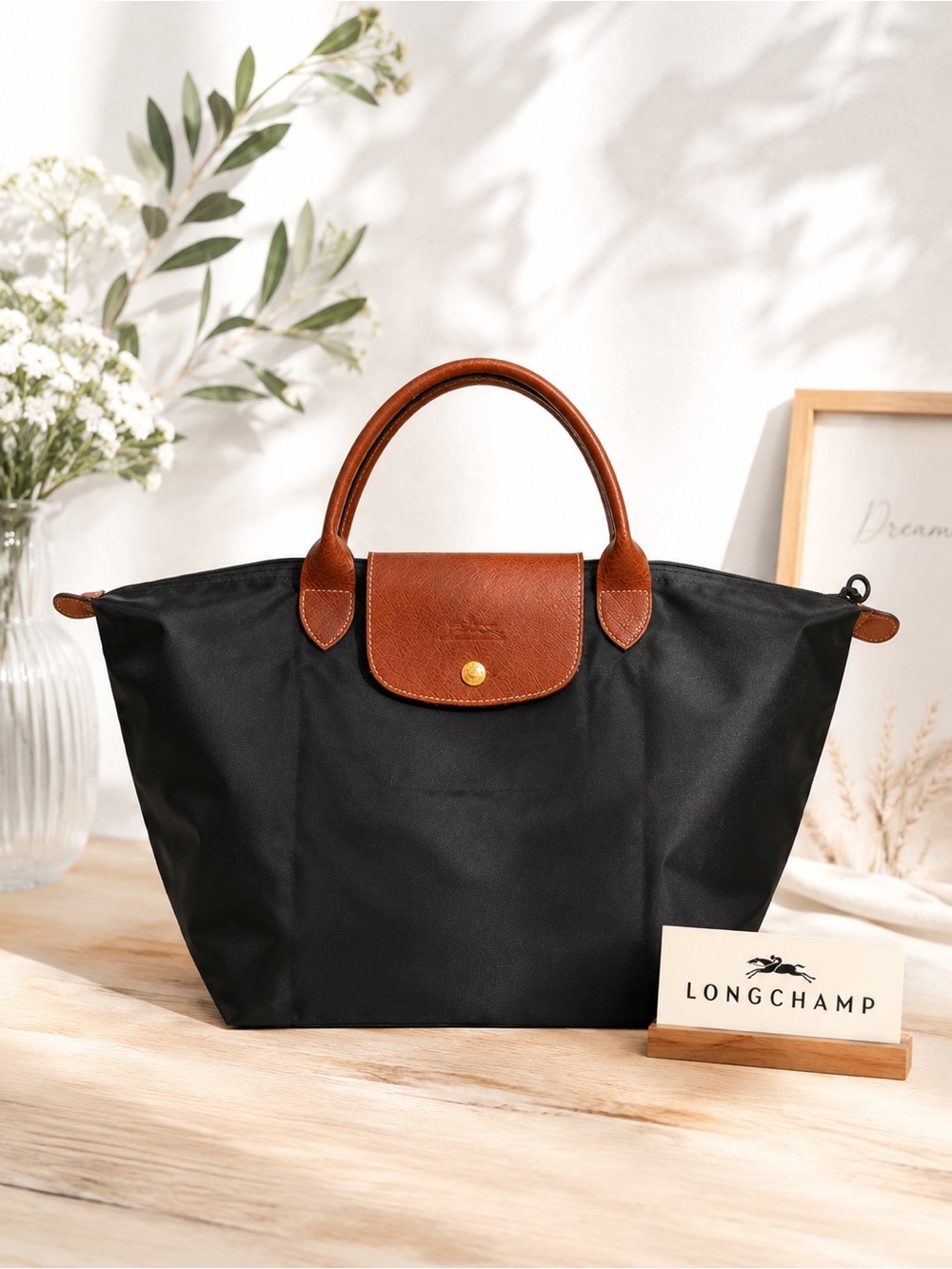 Longchamp Le Pliage Large Tote Black Nylon Brown Leather Handles Foldable “M”